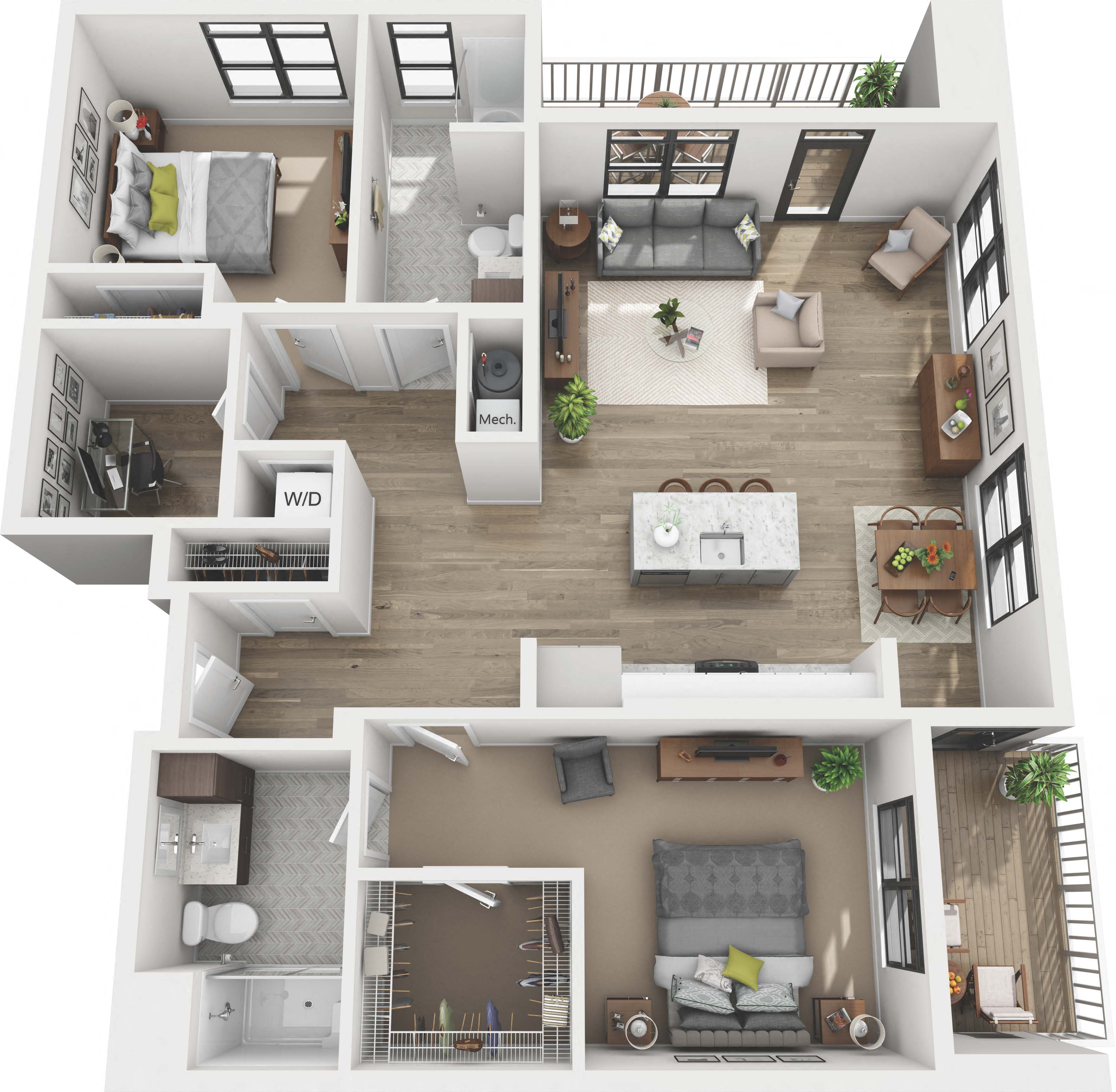 Floor plan for 2 beds, 2 baths, 1297 sqft
